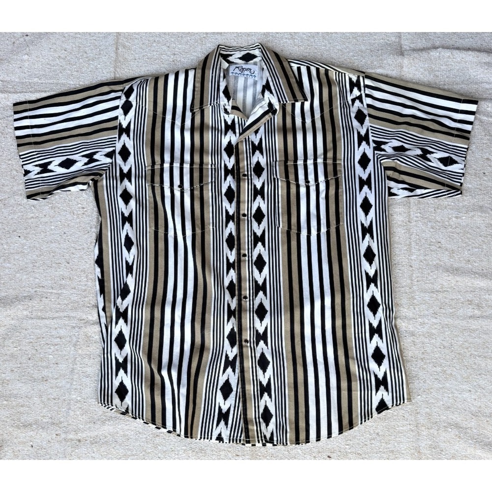 Mens Sz Large ROPER Multicolor Tribal Print Short Sleeve Button Shirt Cowboy Cut